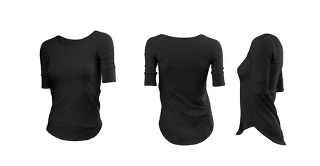 Black woman's T-shirt with long sleeves with rear and side view on a white background