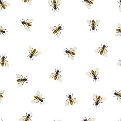 Bee seamless pattern. Black and orange silhouette of the bee.