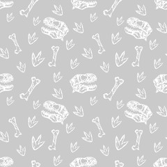Vector monochrome seamless dinosaurs pattern with Tyrannosaurus skulls, bones and footprints