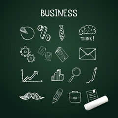 Set of business doodles, vector icons hand drawn with chalk