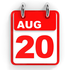 Calendar on white background. 20 August.