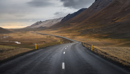 Dark asphalt road perspective with yellow field hill and mountain range background in Autumn season Iceland