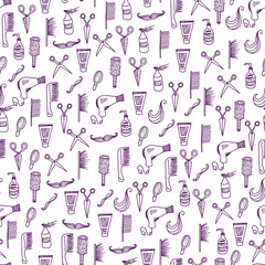 Barbershop seamless background with purple hand drawn hairdressing salon devices, barber tools - 101528475