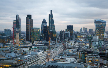 LONDON, UK - JANUARY 27, 2015: City of London at sunset, business and banking aria aerial view