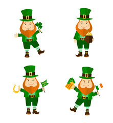 Set of four funny leprechauns in different poses.