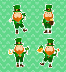 Set of four stickers with funny leprechauns