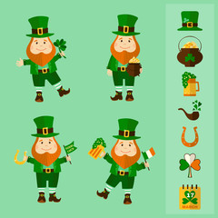 Saint Patrick's Day set: four leprechauns and traditional elements