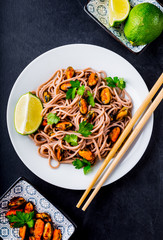 Buckwheat pasta with scallops, parsley and lime.
