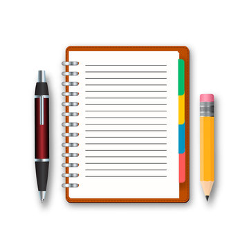 blank notebook with pen and pencil isolated on a white background. Vector illustration.