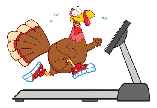 Smiling Turkey Cartoon Character Running On A Treadmill