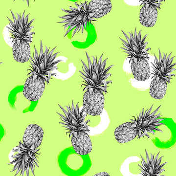 Monochrome pineapple on a light green background. Watercolor colourful illustration. Tropical fruit. Seamless pattern