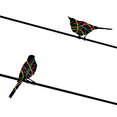 Two birds on wires. Vector background.