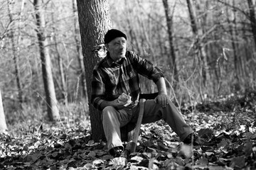 Portrait of senior lumberjack in forest sitting on a tree stump. He is resting and having lunch...