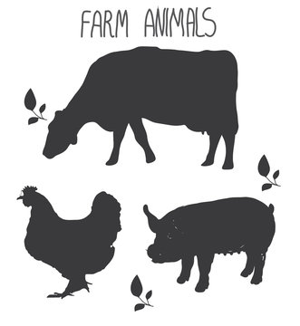 background with monochromatic pattern farm animals cow and pig poultry chicken with a sprig of leaves on a white background