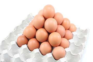 Hen eggs in paper Panel on white background