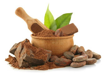Bowl with aromatic cocoa beans and chocolate isolated on white background, close up