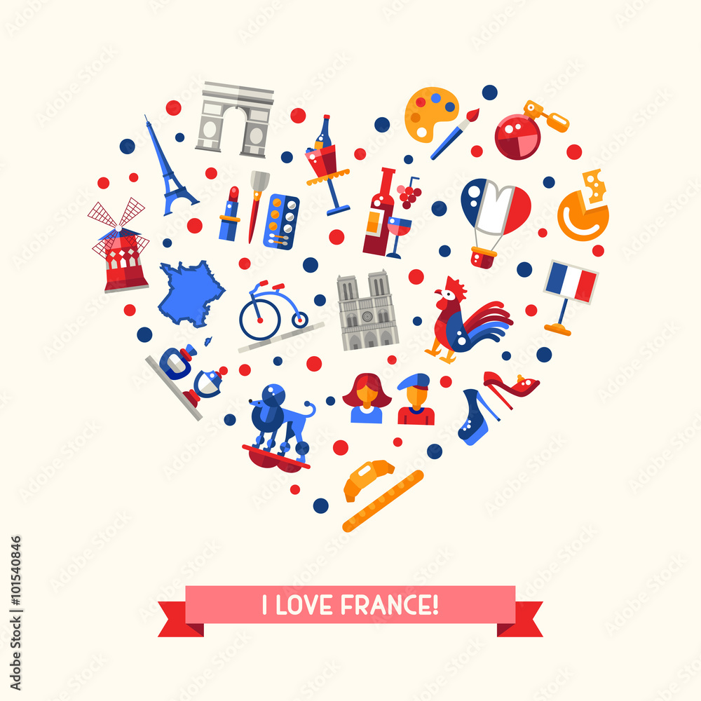 Wall mural France travel icons heart postcard with famous French symbols 