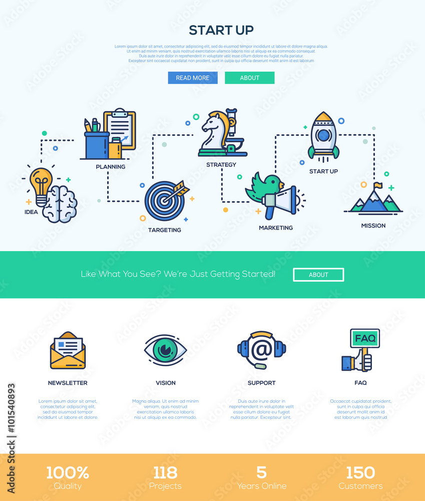 Poster business start up line flat design banner with webdesign elements