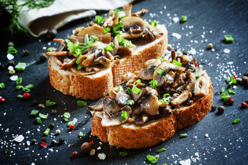 Sandwiches with mushrooms and green onion, selective focus