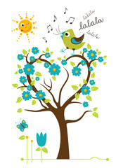 Singing Bird on the tree. Stylized happy cartoon illustration. Flat color vector design. Child theme.