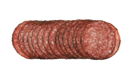 Stack of multiple salami slices isolated