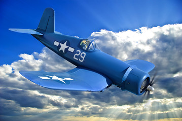 Carrier-based fighter is flying against the blue sky