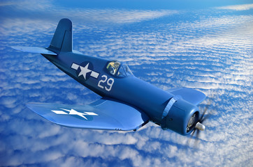 Fototapeta na wymiar Carrier-based fighter is flying against the blue sky