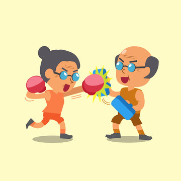 Cartoon sport old woman and old man doing boxing training