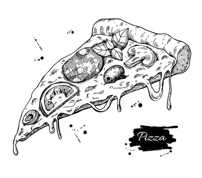 Vector Pizza slice drawing. Hand drawn pizza illustration.