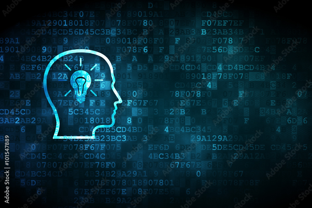 Poster learning concept: head with lightbulb on digital background