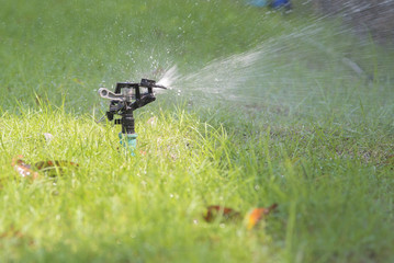 Fototapeta na wymiar Lawn water sprinkler spraying water over grass in garden