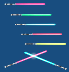 light swords with color variations on blue background. vector