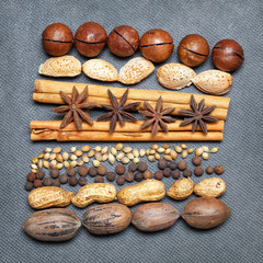 cinnamon sticks, pecans, almonds, macadamia, peanuts, star anise, black allspice, grains of sesame seeds. Beautiful art design of nuts and spices
