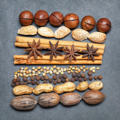 cinnamon sticks, pecans, almonds, macadamia, peanuts, star anise, black allspice, grains of sesame seeds. Beautiful art design of nuts and spices