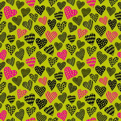 Green Pattern With Pink And Black Cartoon Hearts