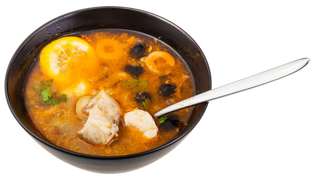 Russian Solyanka Fish Soup In Bowl With Spoon