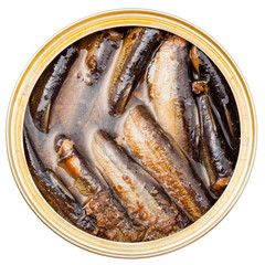 above view of canned smoked sprats fish in tin