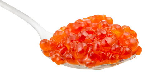 spoon with trout salmon red caviar close up