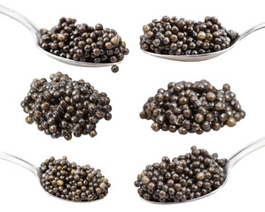 set of handfuls of black sturgeon caviar isolated