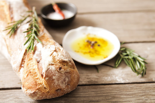 Fresh bread with salt and a delicious olive oil