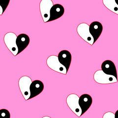 Vertical yin yang hearts on pink background seamless pattern