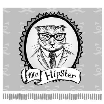 Hipster cat in frame, hand drawing