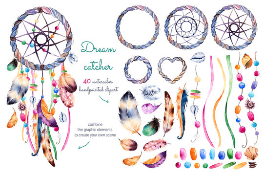 Watercolor hand painted collection with 40 elements:feathers,ribbons,shells,beads,strings of pearls and other decorations + 1 dream catcher pre-made for use.Create your own dreamcatcher!Hand drawn set