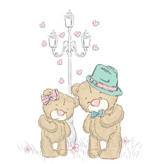 Couple bears a date. Teddy bear under the lamp. Cute card with bears. Love. St. Valentine's Day.