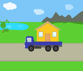mobile home on the road among lakes, mountains, fields. Vector