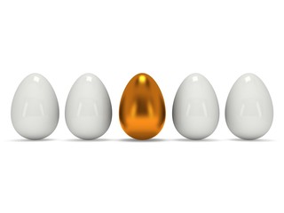 Golden egg in a row of the white eggs