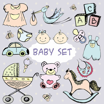 Newborn baby set with cute icons.