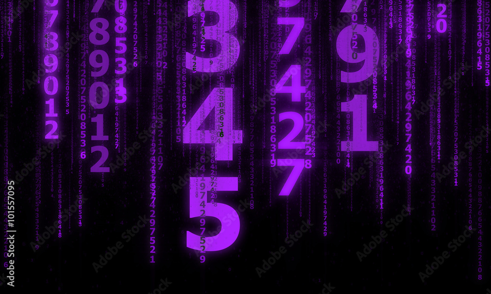 Poster the cyberspace with many sparkling falling lines numbers, abstract background with lilac digital lin