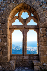 Gothic window with a mountain view
