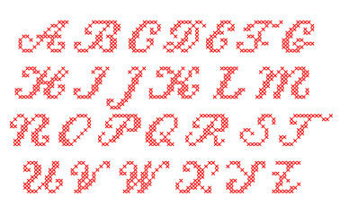 Cross Stitched Fonts. Latin alphabet for embroidery. Set Cyrilli